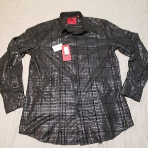 NWT Platini Men L Black Geometric Button Down Shirt